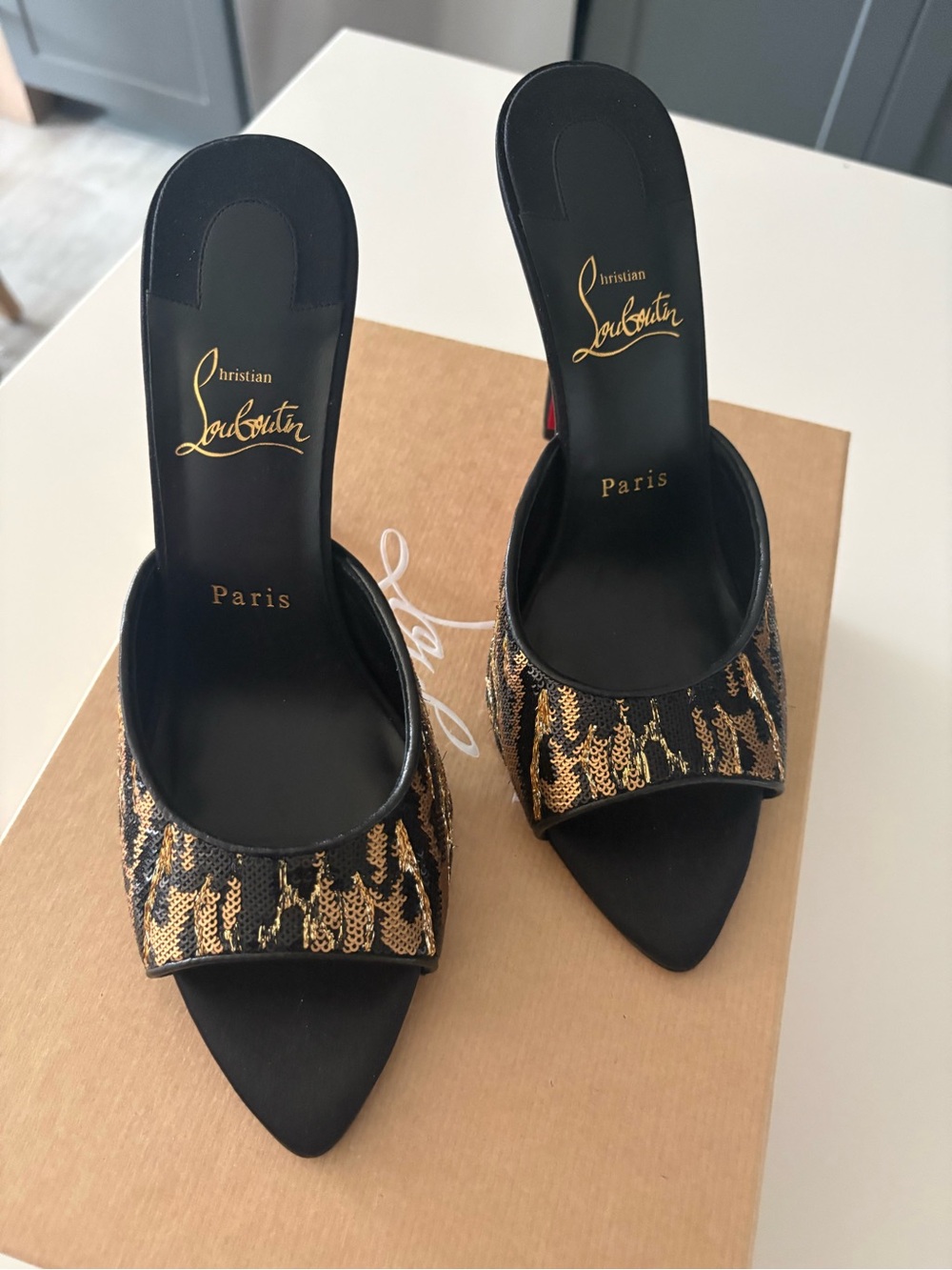 Christian Louboutin Black and Gold Embroidered Mule Heels - Picture 3 of 7